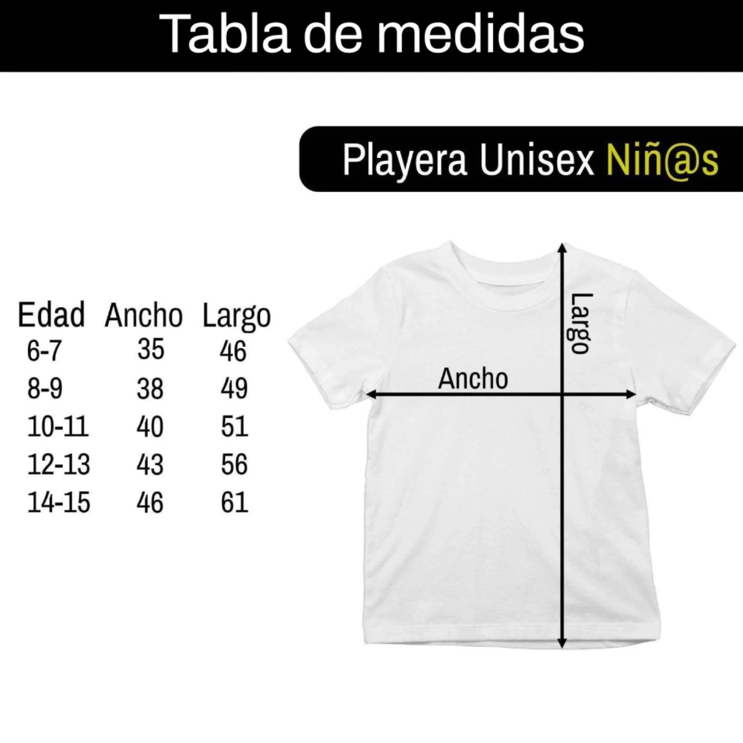 tabla de medidas para niño o niña
