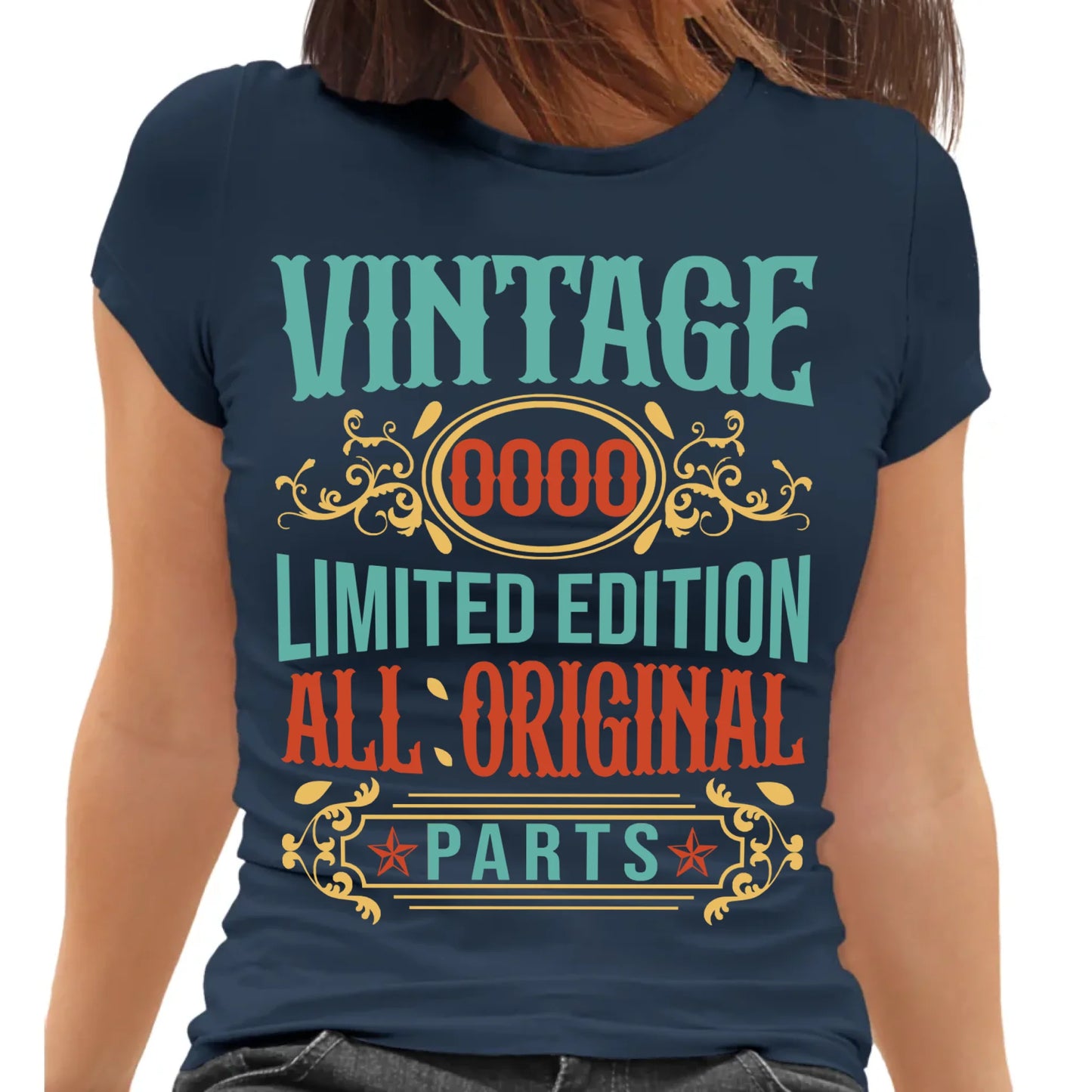 Playera azul de dama personalizada para cumpleaños con diseño vintage All Original Parts