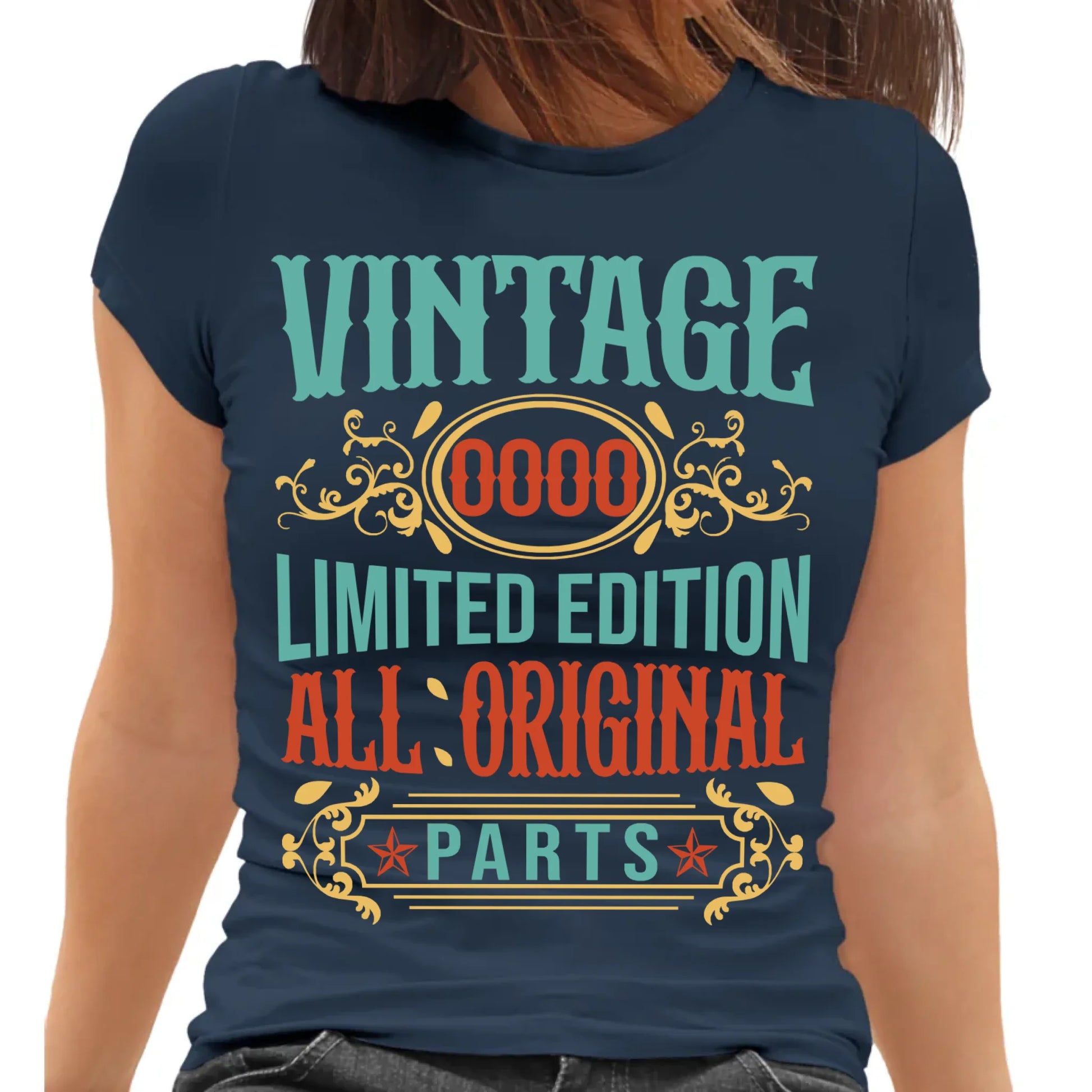 Playera azul de dama personalizada para cumpleaños con diseño vintage All Original Parts