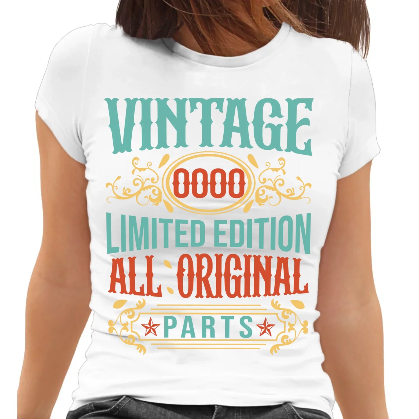 Playera personalizada color blanco con estampado retro All Original Parts, ideal para regalo para mujer