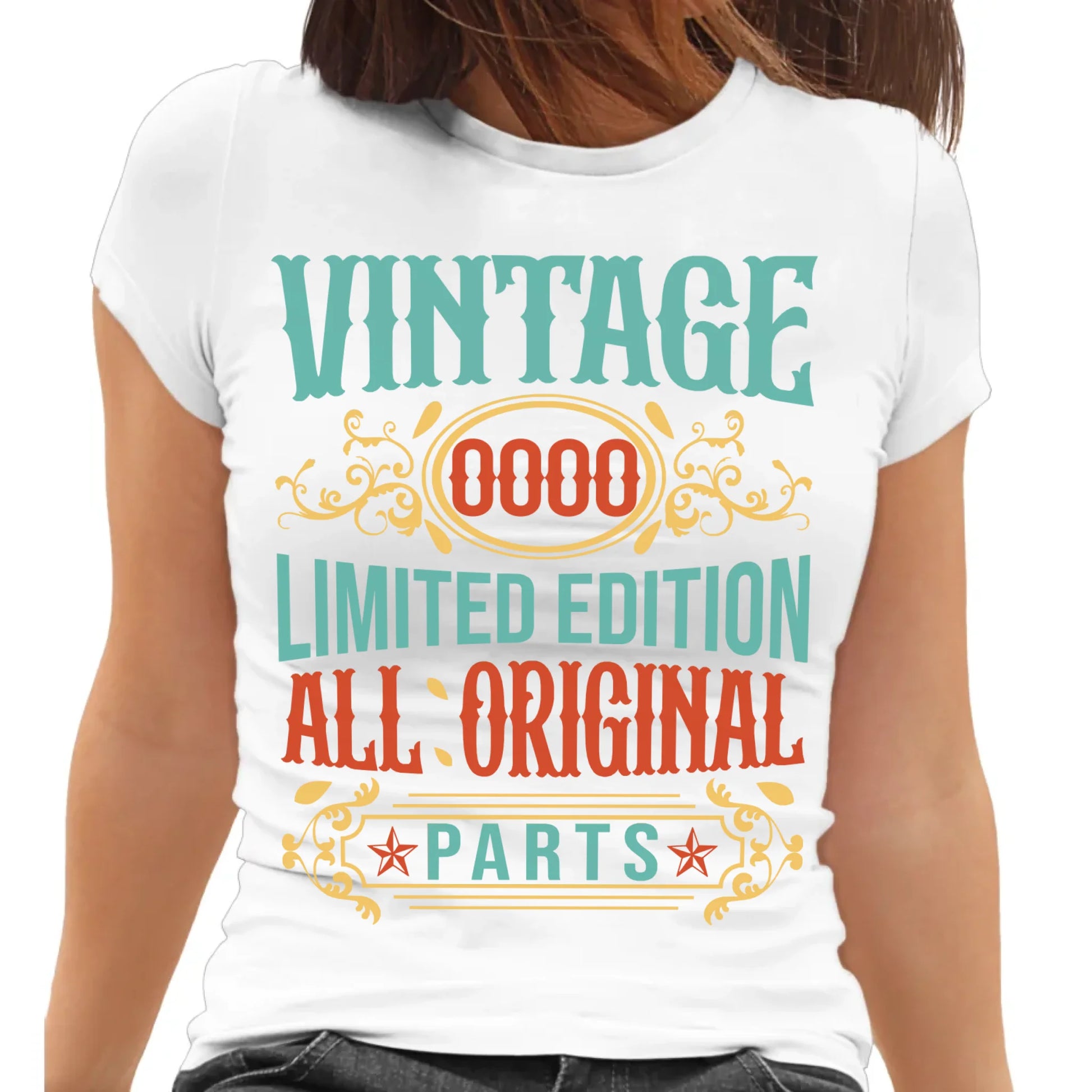 Playera personalizada color blanco con estampado retro All Original Parts, ideal para regalo para mujer