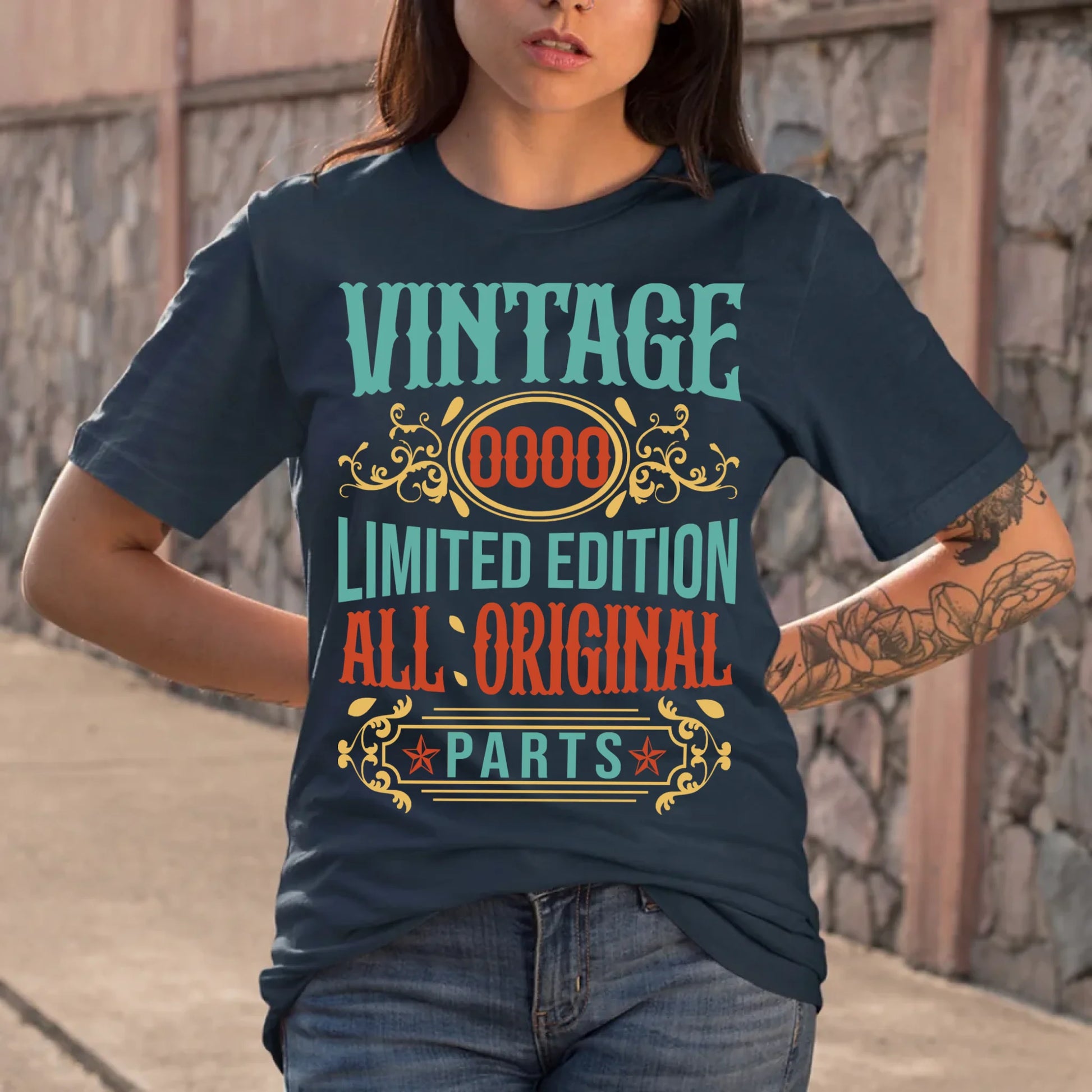 Playera personalizada azul vintage All Original Parts para mujer