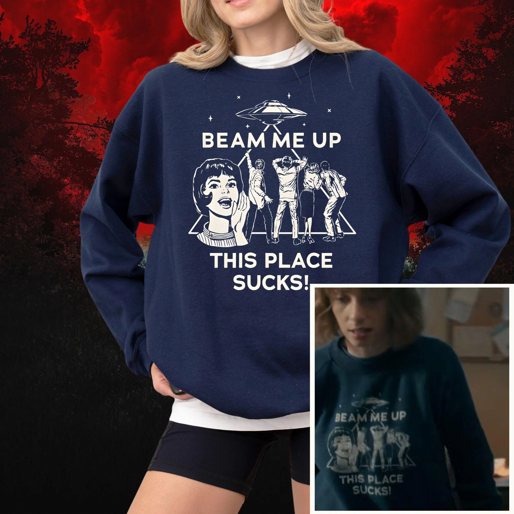 sudadera stranger things robin beam me up this place sucks azul