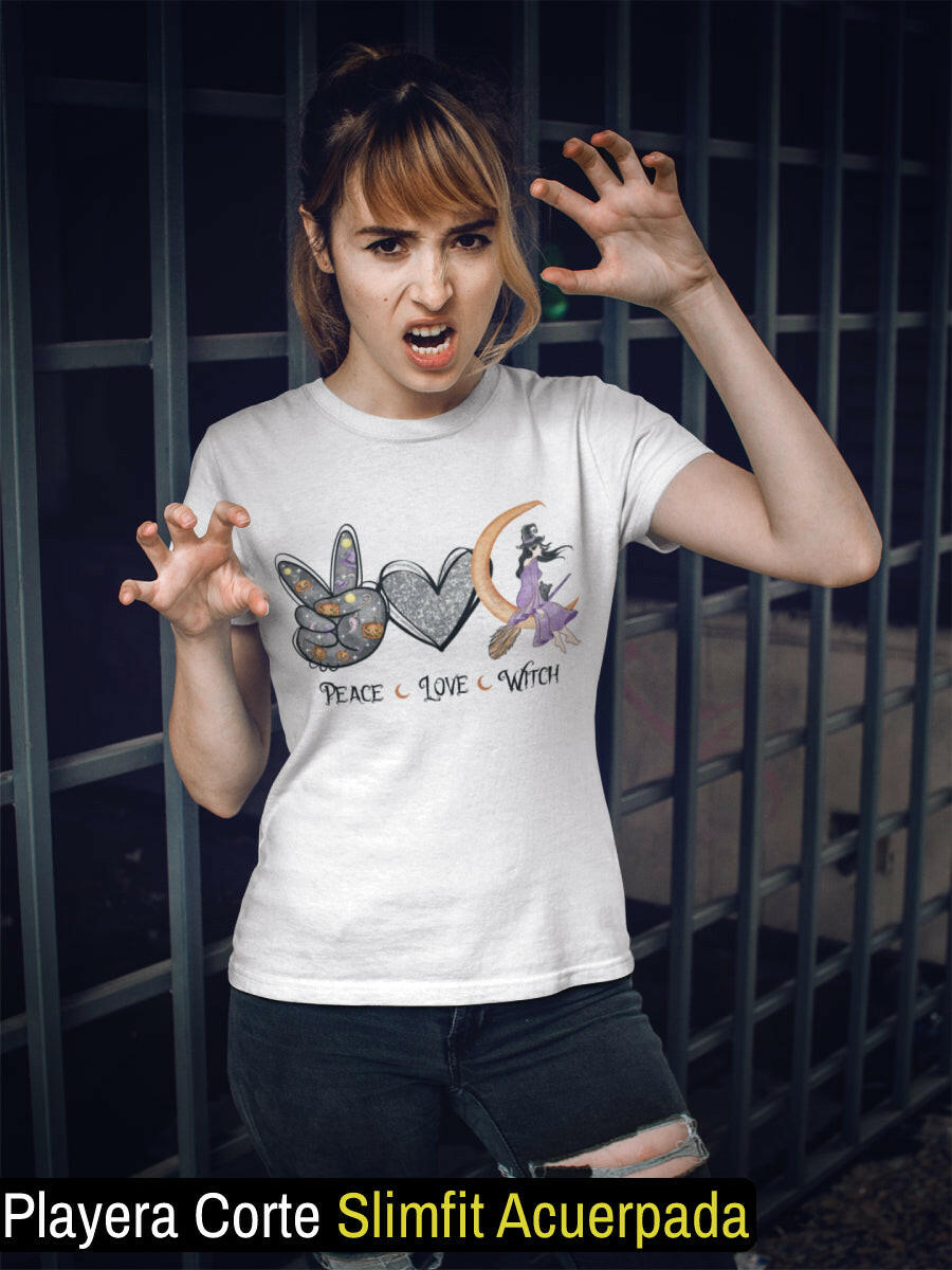 Playera Halloween Peace Love Witch